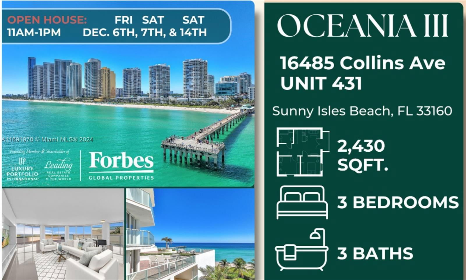 Real estate property located at 16485 Collins Ave-(Direct Ocean View Corner) #431, Miami-Dade, OCEANIA III CONDO, Sunny Isles Beach, FL