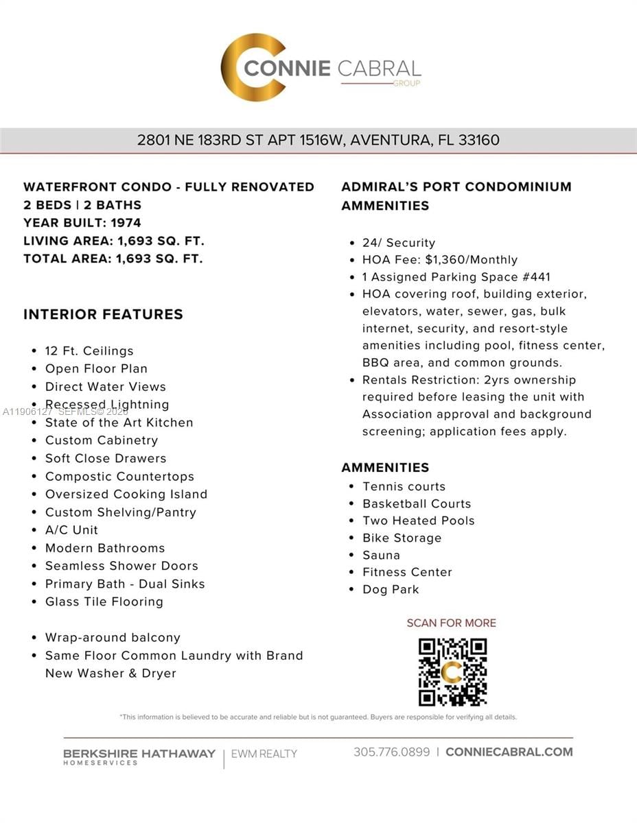 Real estate property located at 2801 183rd St #1516W, Miami-dade, Admirals Port Condo West, Aventura, FL