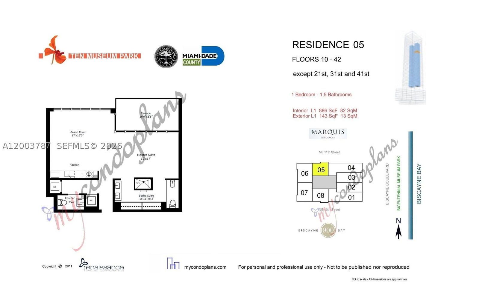Real estate property located at 1040 Biscayne Blvd #1905, Miami-dade, Ten Museum Pk Residential, Miami, FL