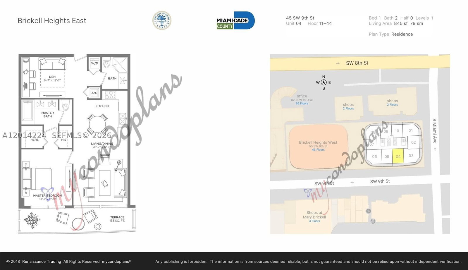 Real estate property located at 45 9th St #1104, Miami-dade, Brickell Heights East, Miami, FL