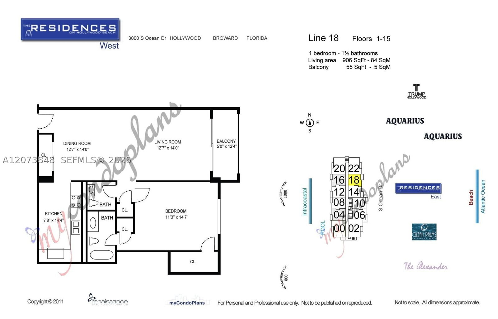 Real estate property located at 3000 Ocean Dr #1218, Broward, Residences On Hollywood B, Hollywood, FL