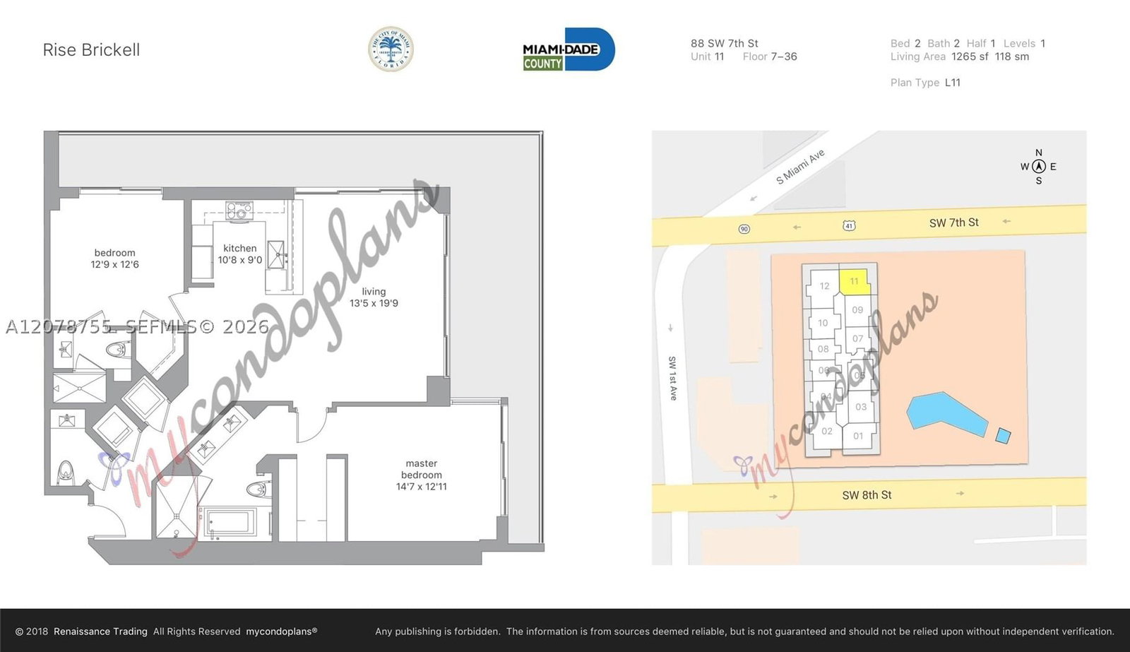 Real estate property located at 88 7th St #1511, Miami-dade, Rise Condo, Miami, FL