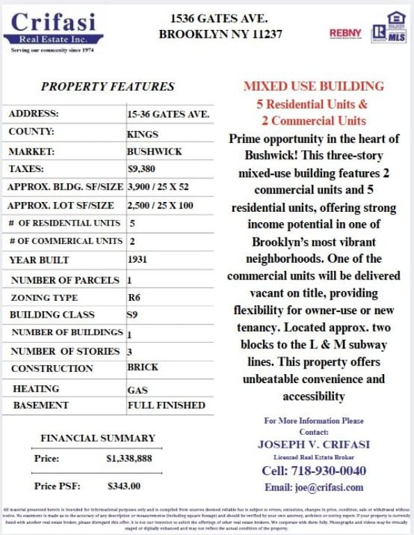 Real estate property located at 15-36 Gates, Kings, Bushwick, New York City, NY