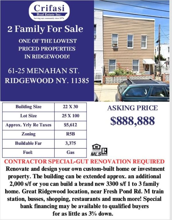 Real estate property located at 61-25 Menahan, Queens, Ridgewood, New York City, NY